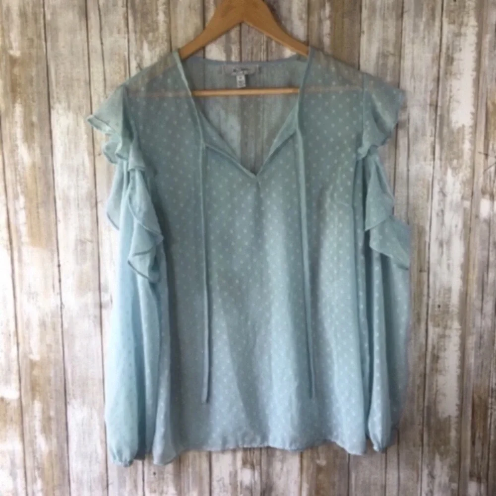 Libby. Edelman Sheer Ikat Blue Open Shoulder Top - Picture 2 of 5